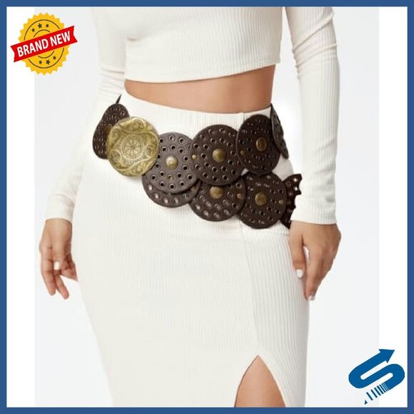 Wide Disc Concho Belt Adjustable Western Boho Style PU Leather main image 2